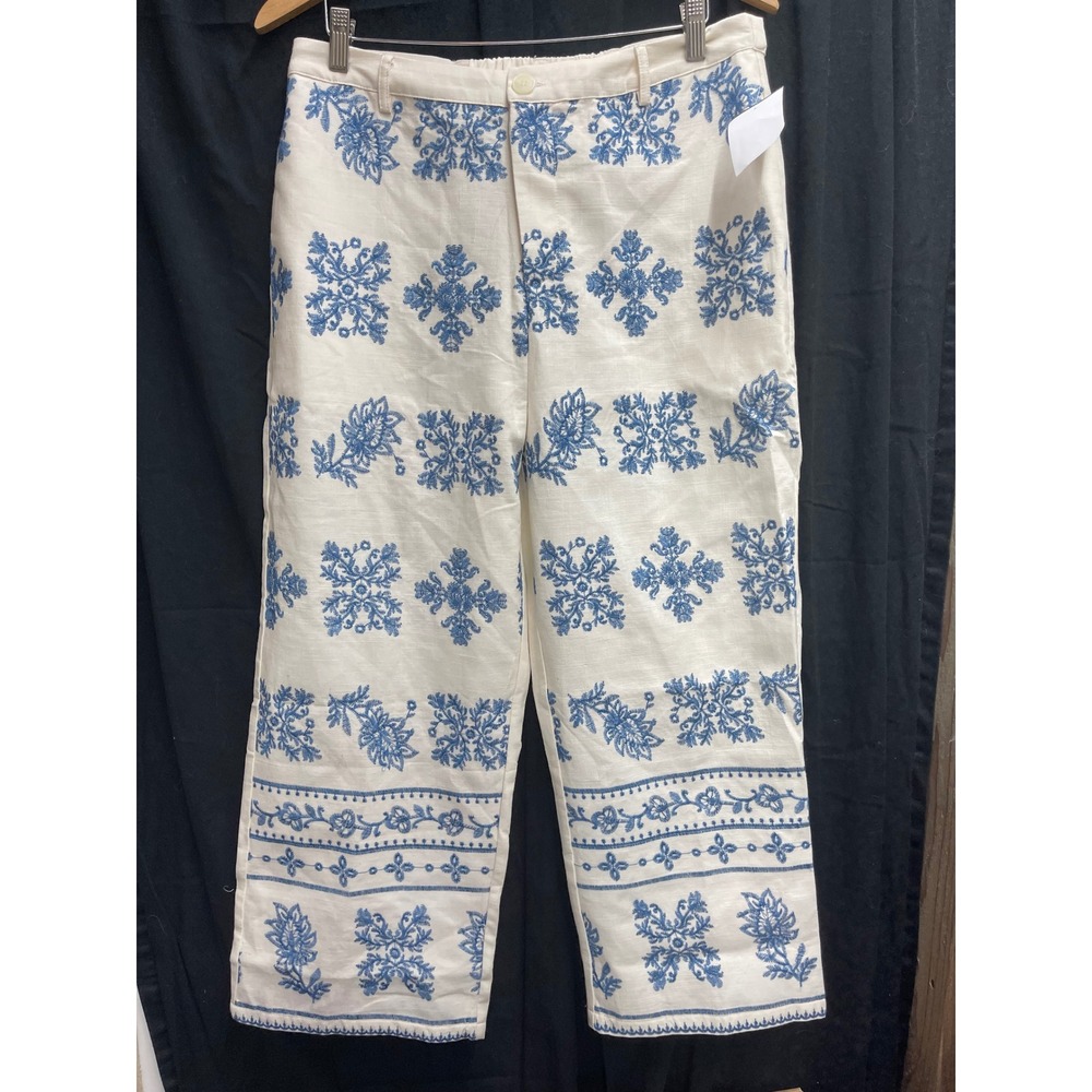 FRNZY Women XL Cream Blue Floral Embroidered Wide Leg Linen Blend Pants